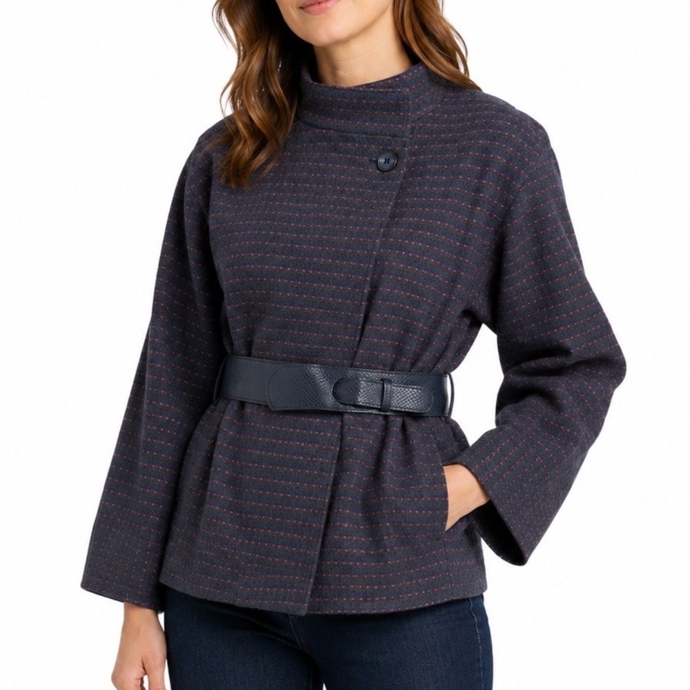 NWT Vintage Gloria Vanderbilt Wool Funnel Neck Jacket Navy Pink Belted Size 12